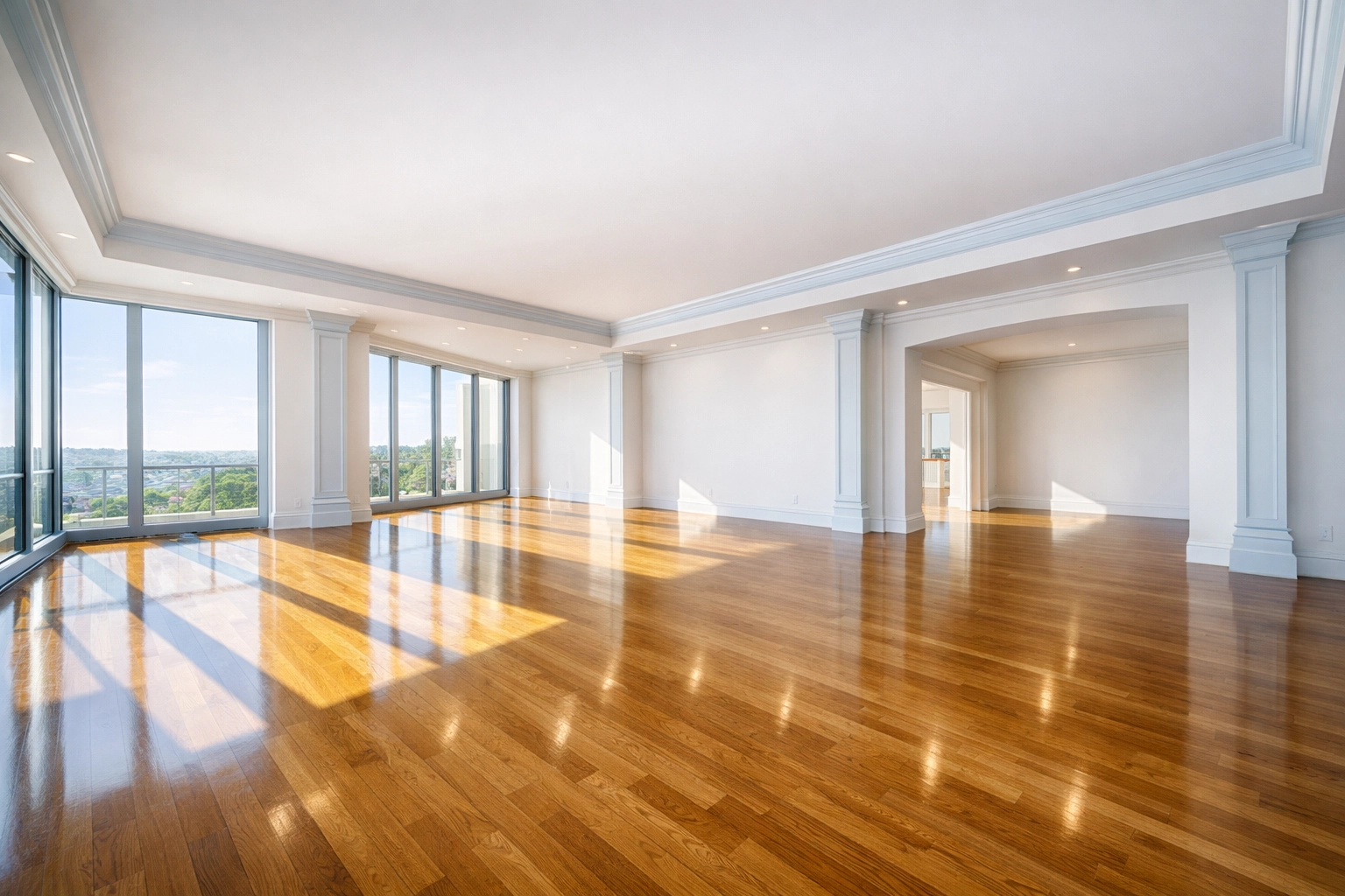Sunlit empty living room with polished hardwood floors following a professional move-in deep clean.