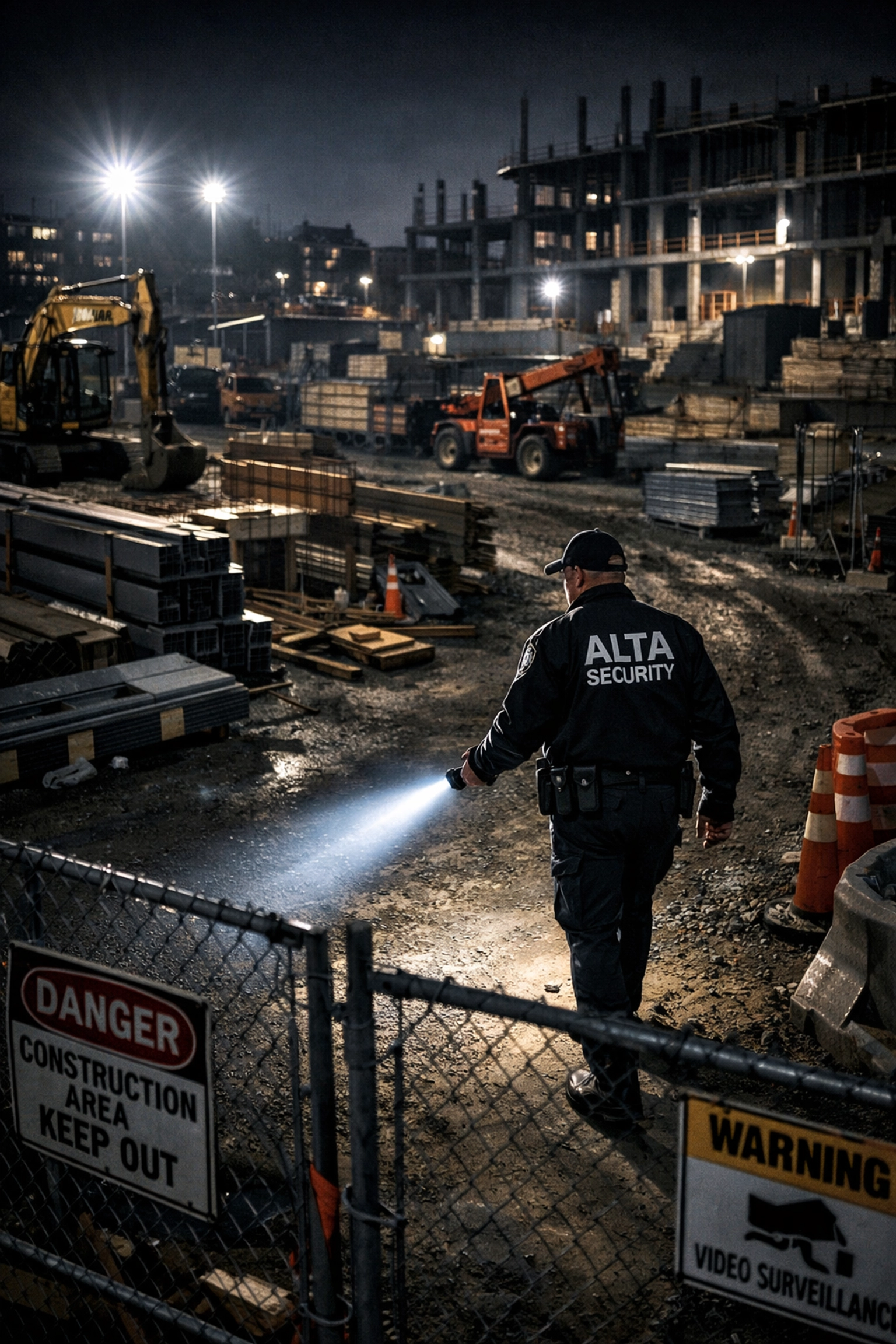 Night security patrol at Northern Virginia construction site protecting equipment and materials