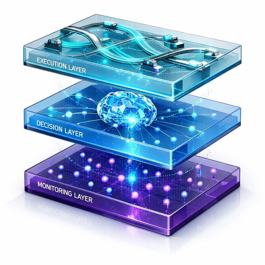 Three-layer agentic AI architecture showing monitoring, decision, and execution agents for ServiceNow ITOM automation