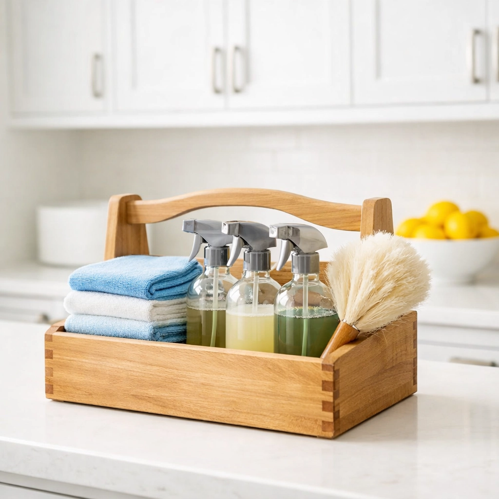 Professional supplies for deep cleaning services in a luxury Massachusetts home utility room.