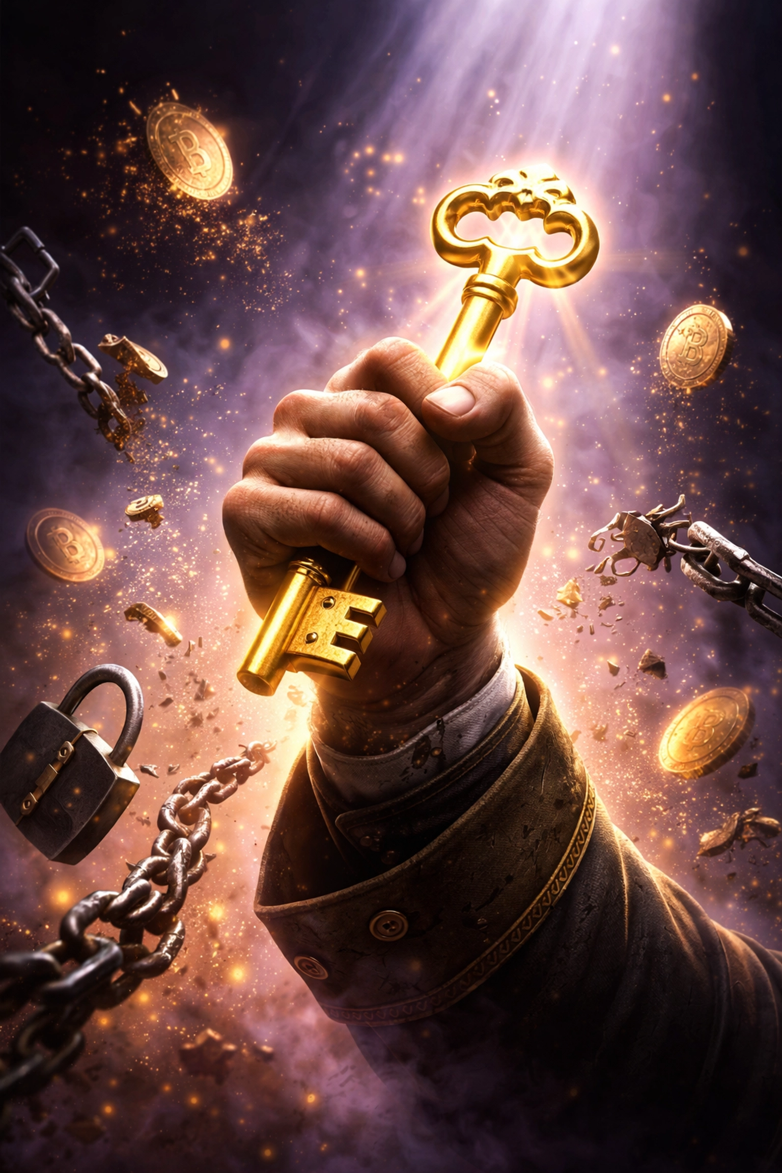 Merchant breaking free from hidden crypto payment fees, symbolizing financial liberation and self-custody benefits