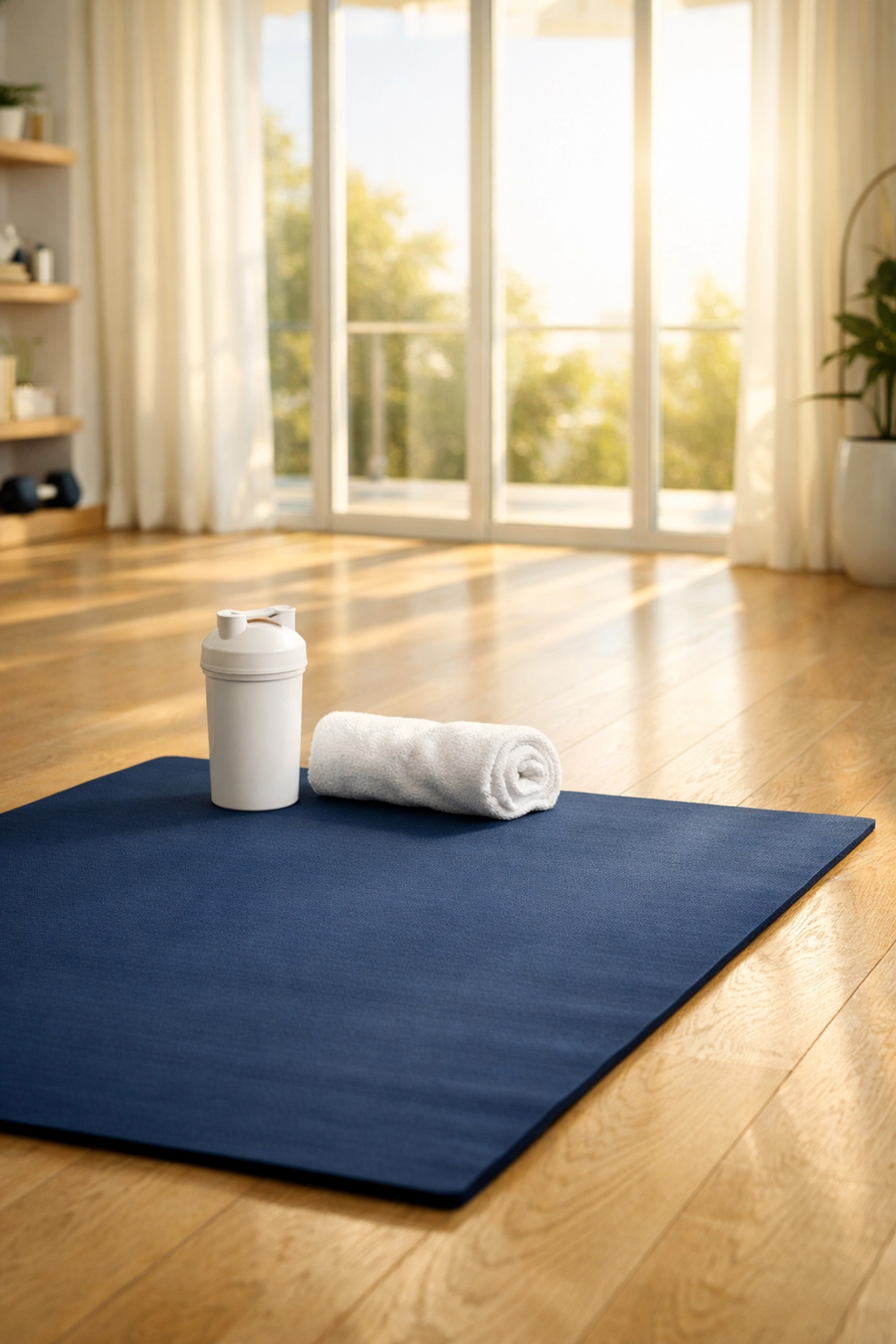 A clean navy yoga mat, shaker bottle, and rolled towel in a sunlit home gym space.