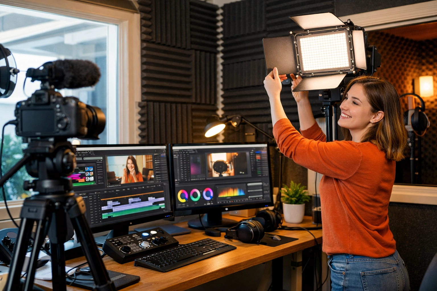 Content creation studio pod with video equipment and editing workstations