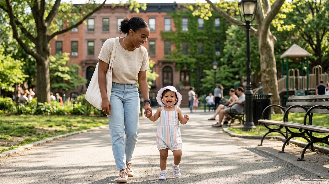 A mother and toddler laughing together in a local neighborhood park.