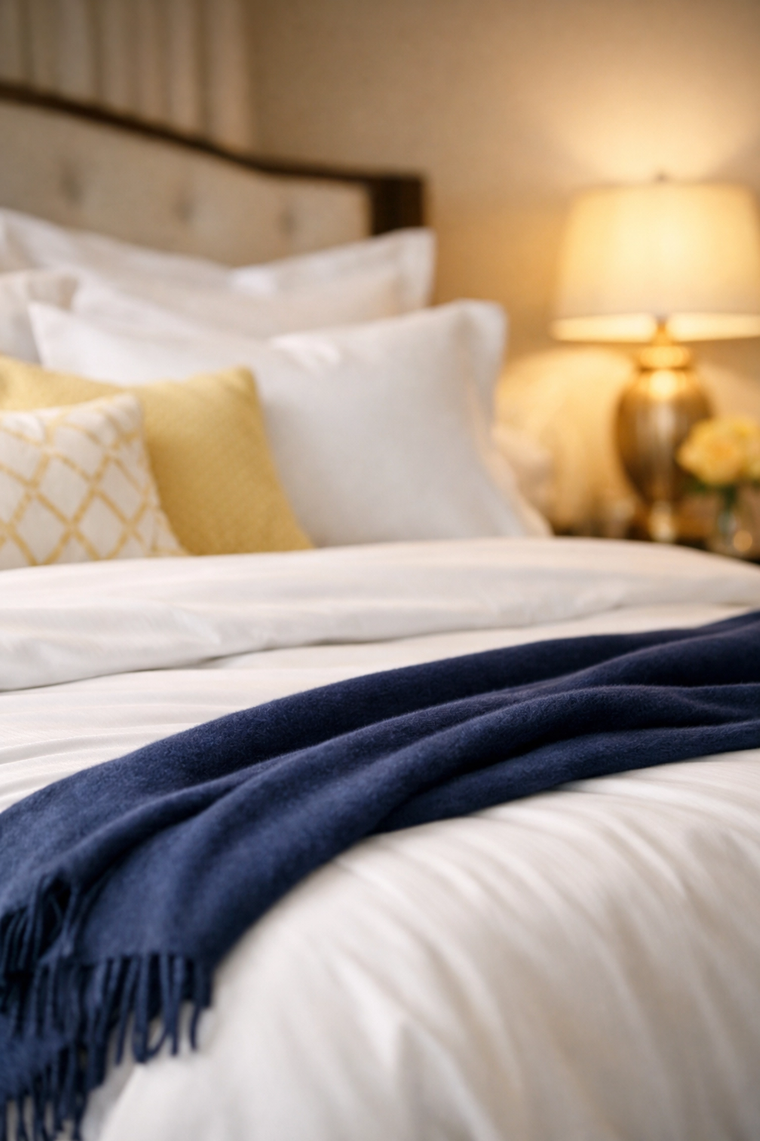 Luxury master bedroom with a professionally made bed after a bi weekly house cleaning.