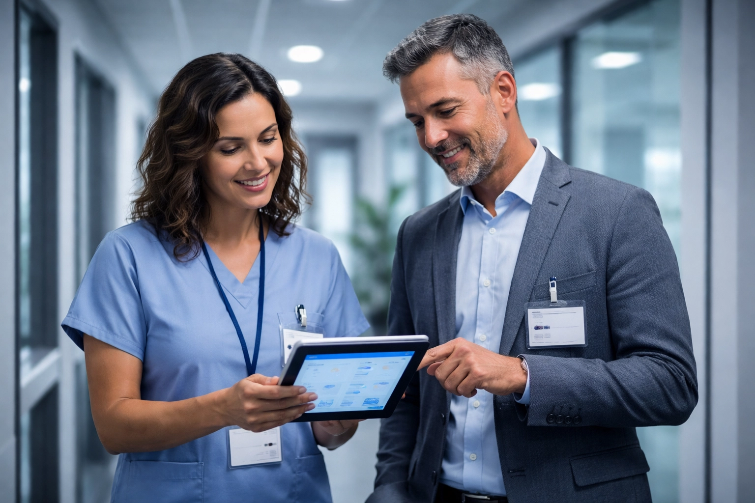 Cinematic still frame of a clinician and office manager reviewing behavioral health provider enrollment status on a tablet in a cool blue clinic hallway
