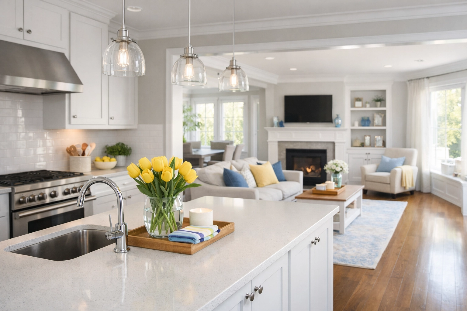 Premium home cleaning in Sudbury MA featuring a spotless upscale kitchen and living area.