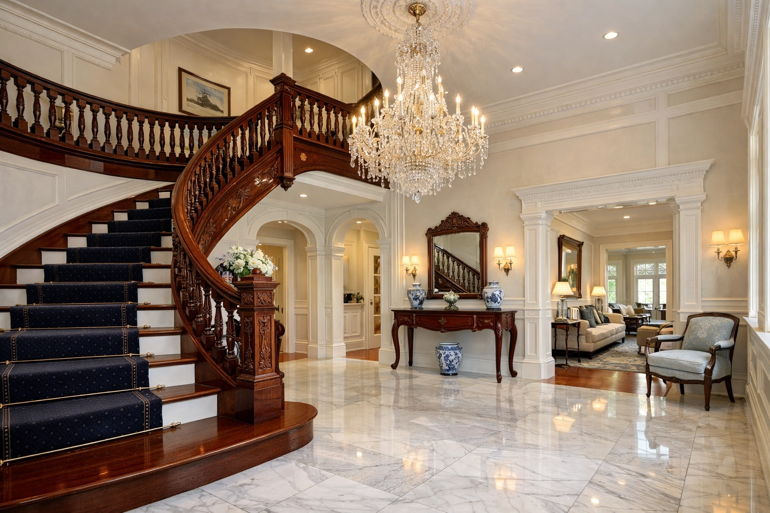 Luxury house cleaning in Newton MA keeps historic mahogany banisters and marble floors pristine.