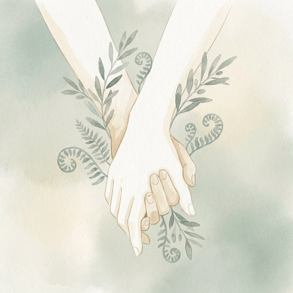 Soft illustration of two hands reaching out with botanical details, representing practitioner support and holistic health connections.