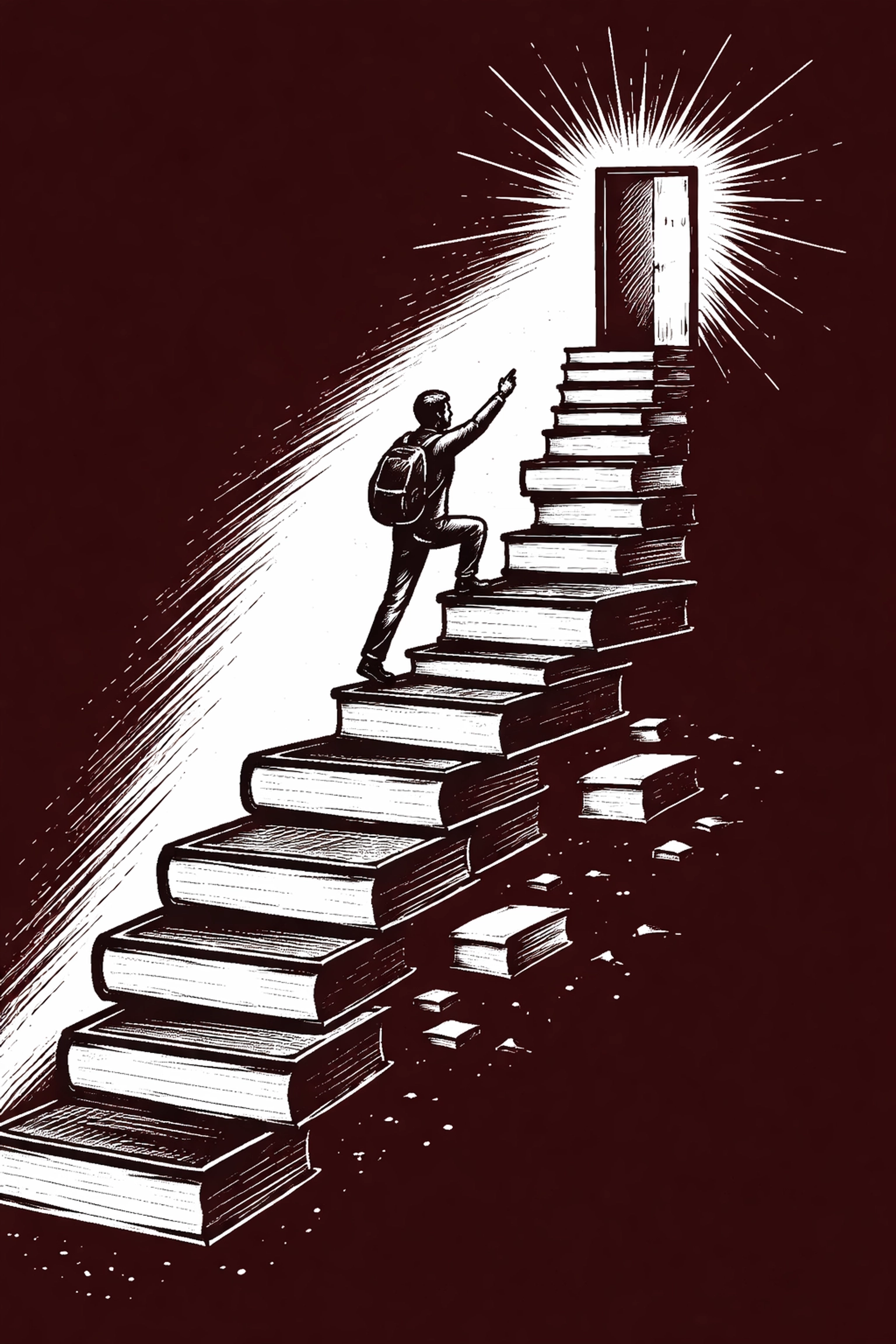 Figure ascending stairs of books toward opportunity, depicting creative growth through persistence