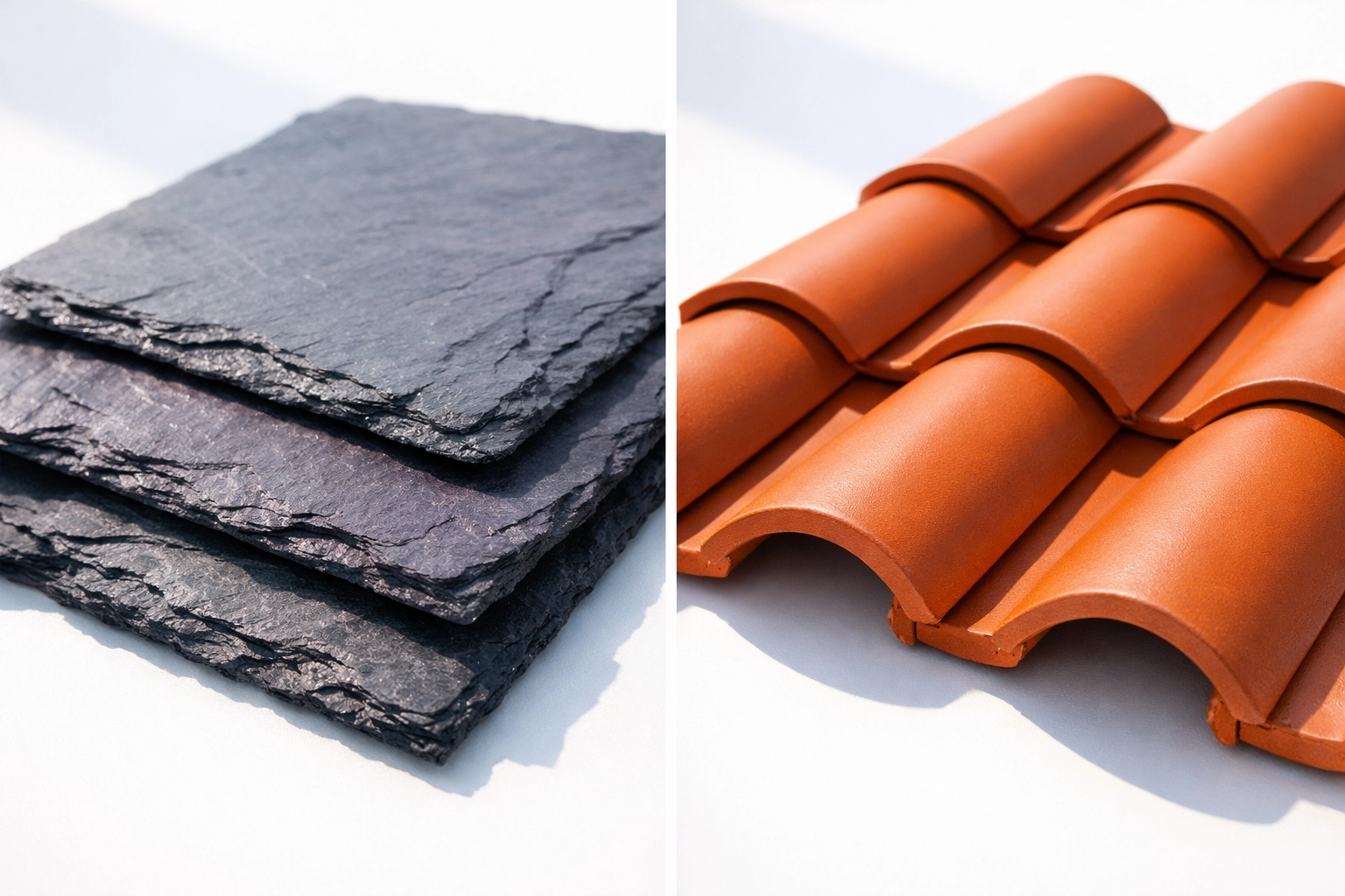 Slate vs tile roofing materials comparison showing texture and color differences