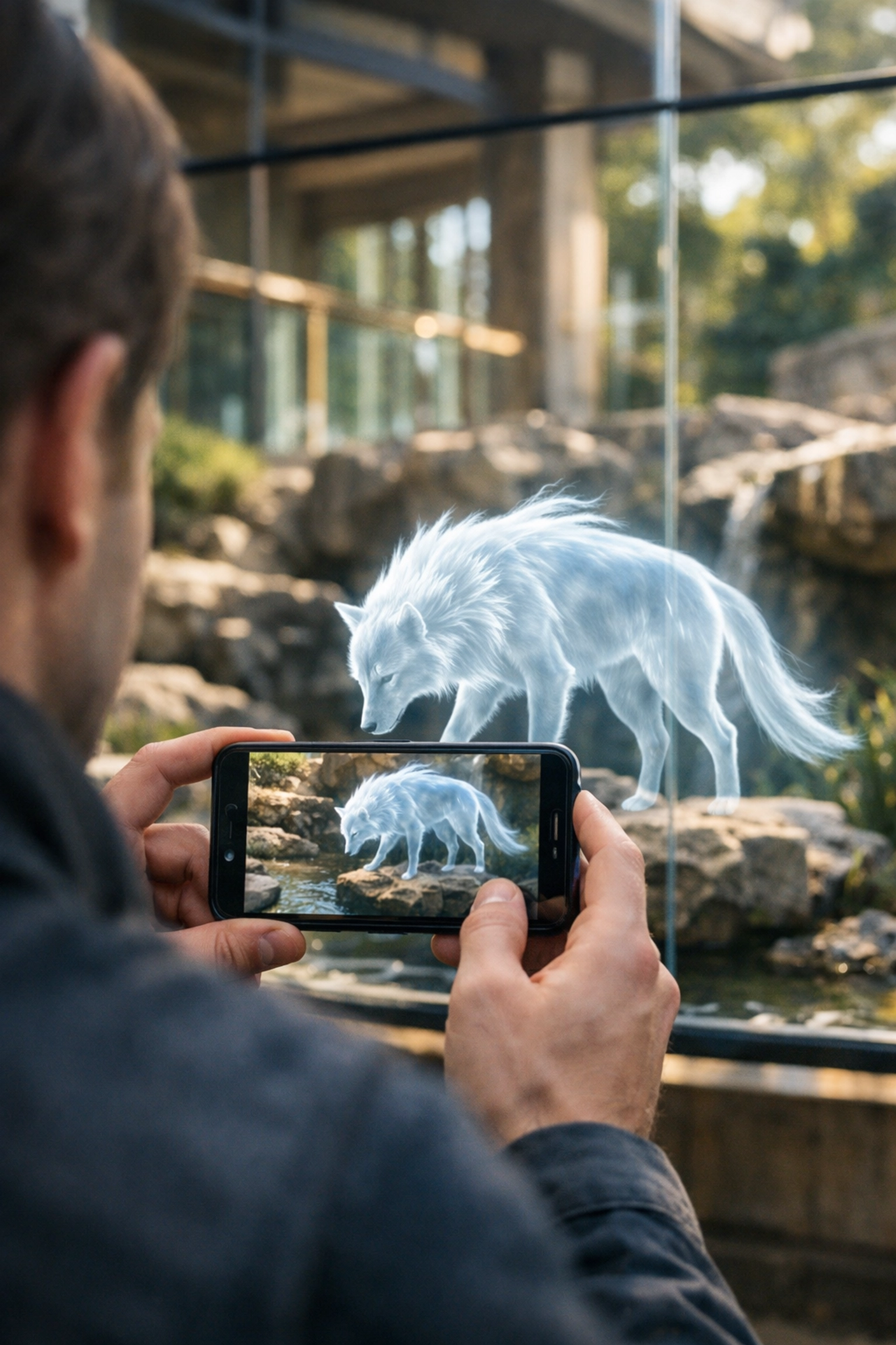 A zoo visitor interacts with an augmented reality animal exhibit using a smartphone for active discovery.