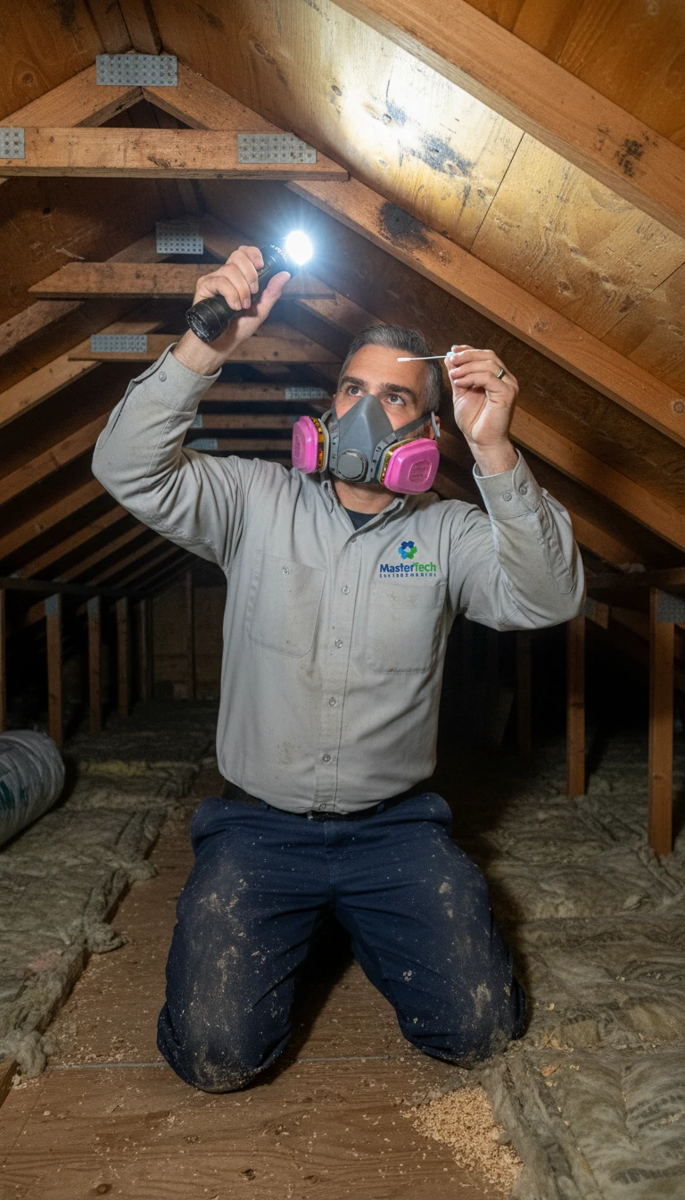 Mastertech Environmental technician inspects attic for mold