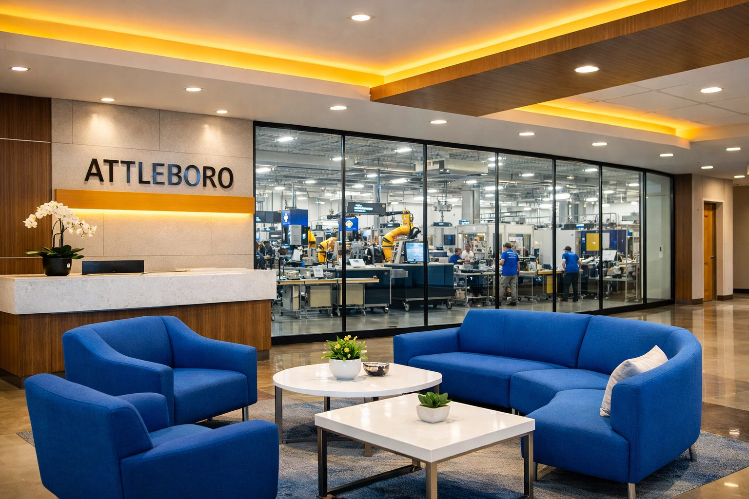 Modern corporate manufacturing lobby in Attleboro with spotless glass partitions and professional commercial cleaning.