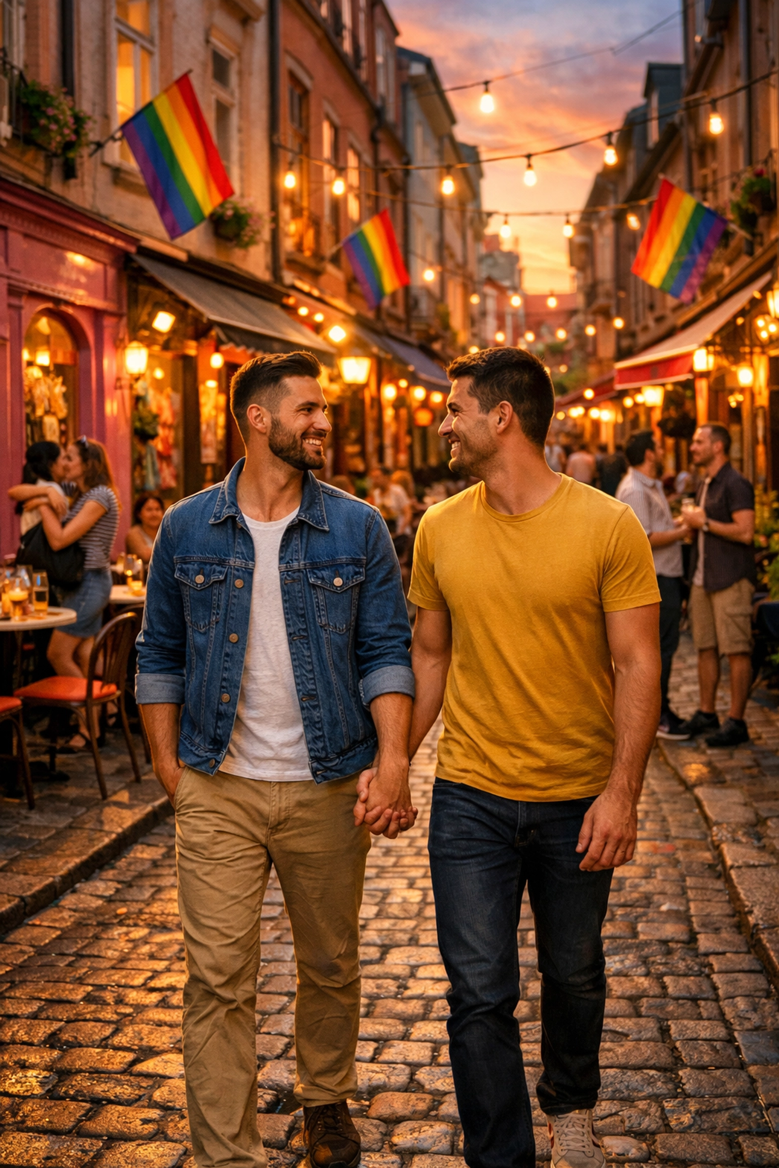 Gay couple walking hand-in-hand in vibrant LGBTQ+ neighborhood