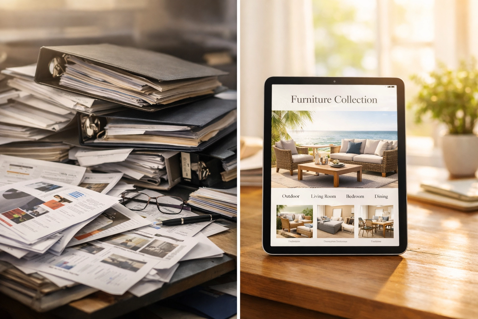 Traditional furniture binders versus modern AMPTAB digital catalog on iPad showing transformation