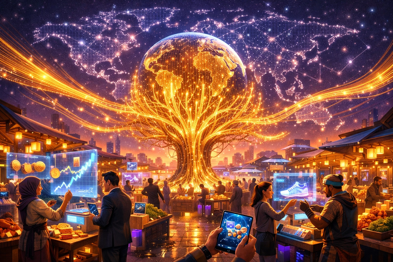 Futuristic global marketplace illustrating Web3 merchant solutions and the future of digital commerce in the metaverse.