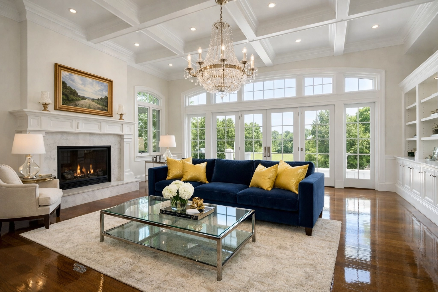 Spotless luxury living room in a Massachusetts estate after a professional Boston move-in cleaning.