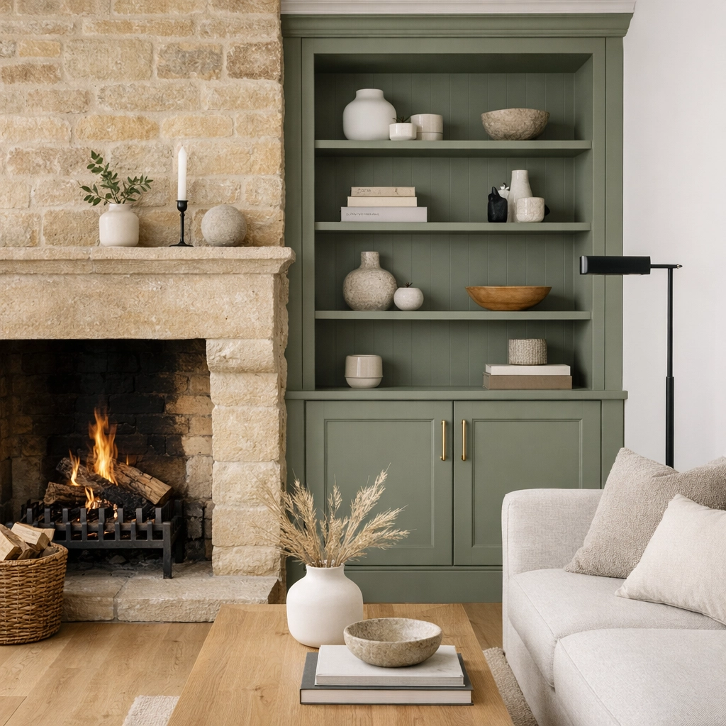 Moss green modern cabinetry beside a Cotswold stone fireplace in a Cheltenham property.