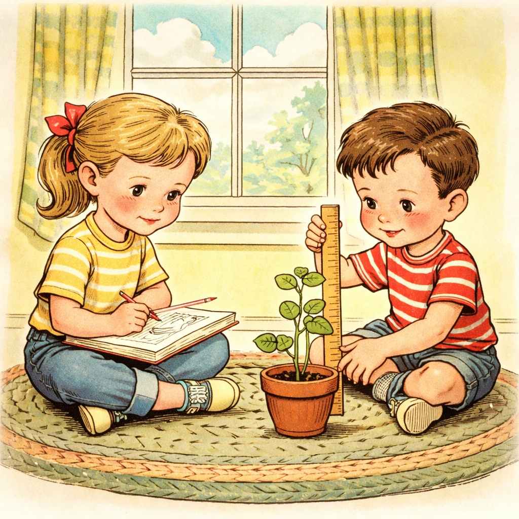 Two children journaling and measuring bean plants on a rug, highlighting patience and observation in kids’ indoor gardening