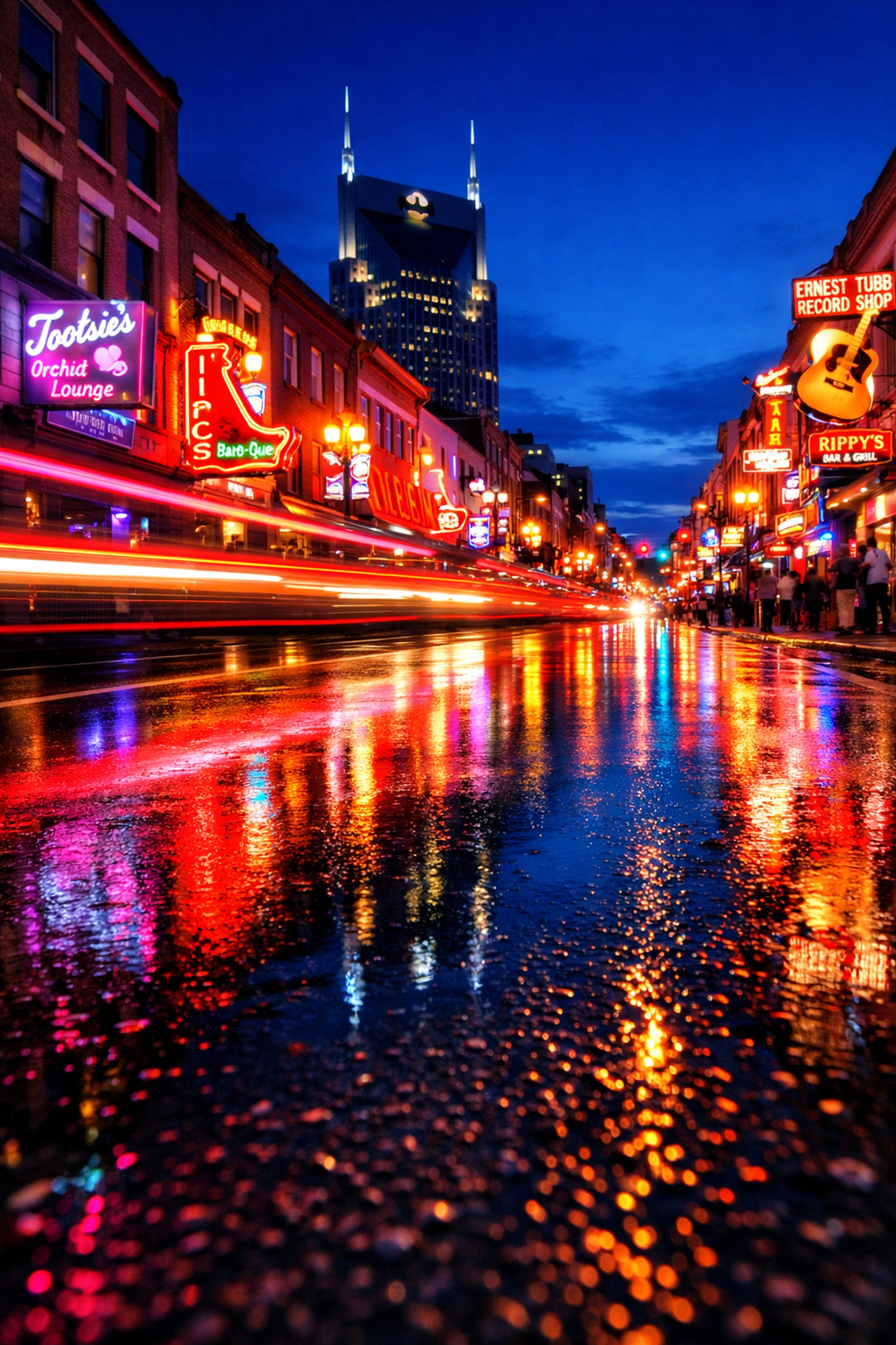 Bright neon signs along Broadway in Nashville during the night, reflecting the city&rsquo;s energetic local time.