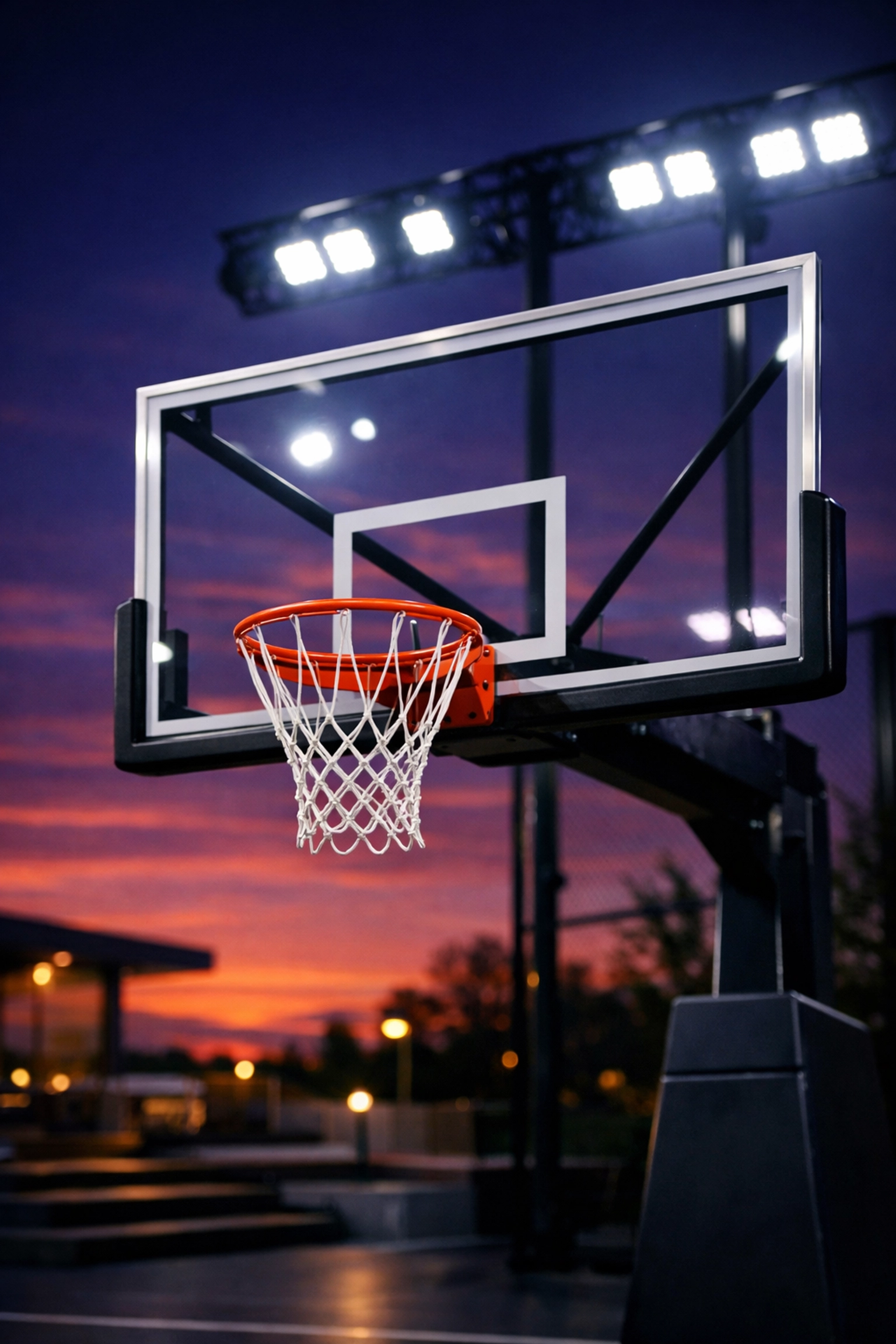 Professional tempered glass basketball backboard and hoop with LED floodlights for nighttime court play.