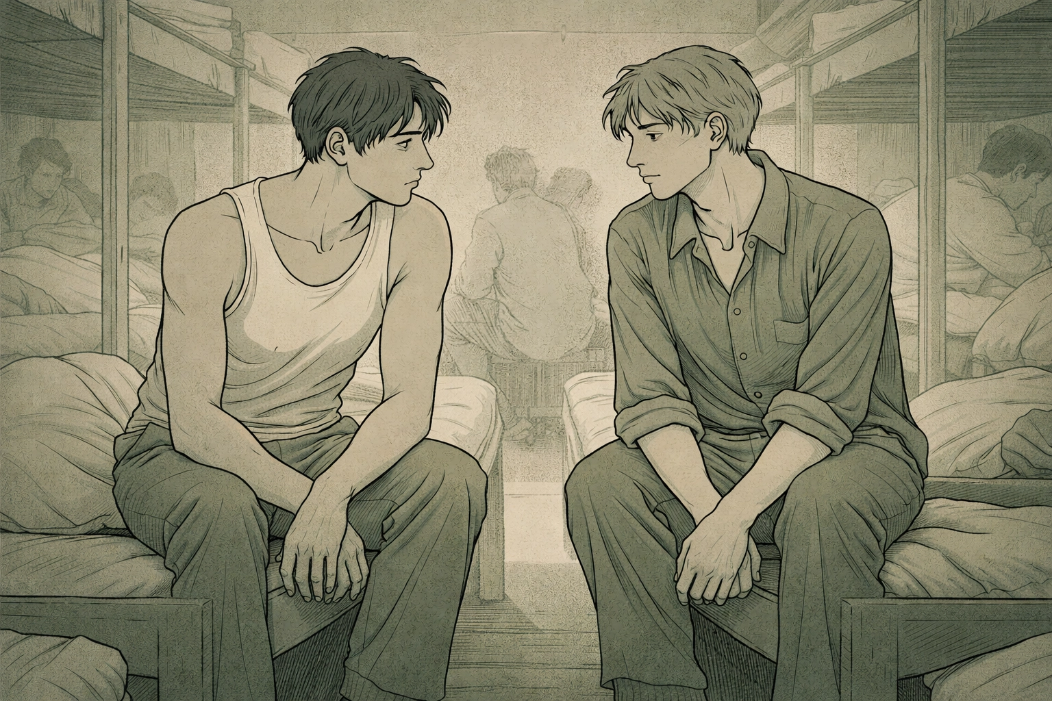 Two men sit apart on bunk beds in a crowded DP camp, their longing gaze reflecting hidden love under oppression.