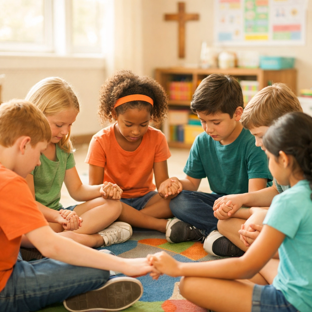 Diverse children holding hands in prayer circle learning Christian life skills together