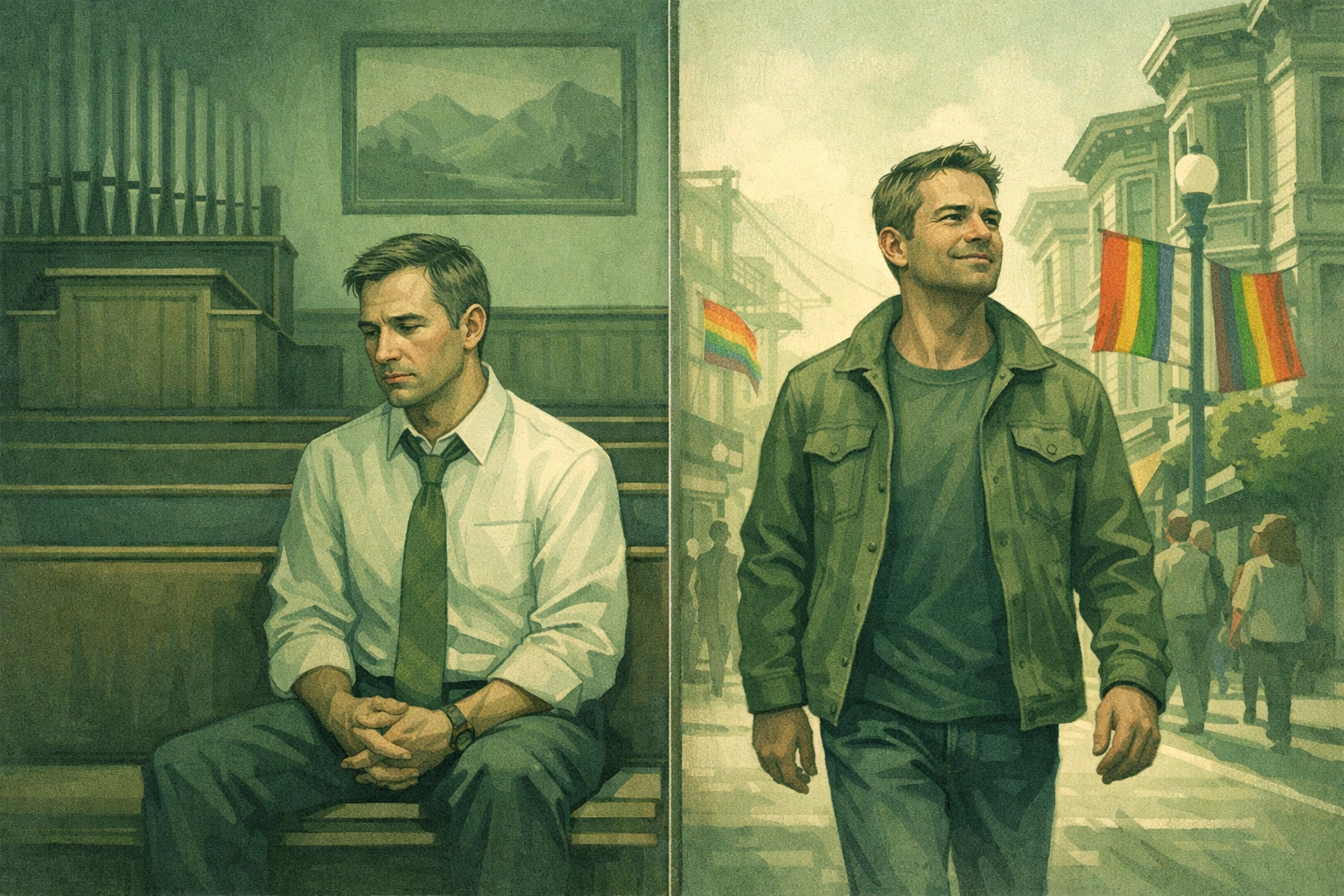 Gay man in Mormon chapel versus living freely at San Francisco pride - contrasting paths