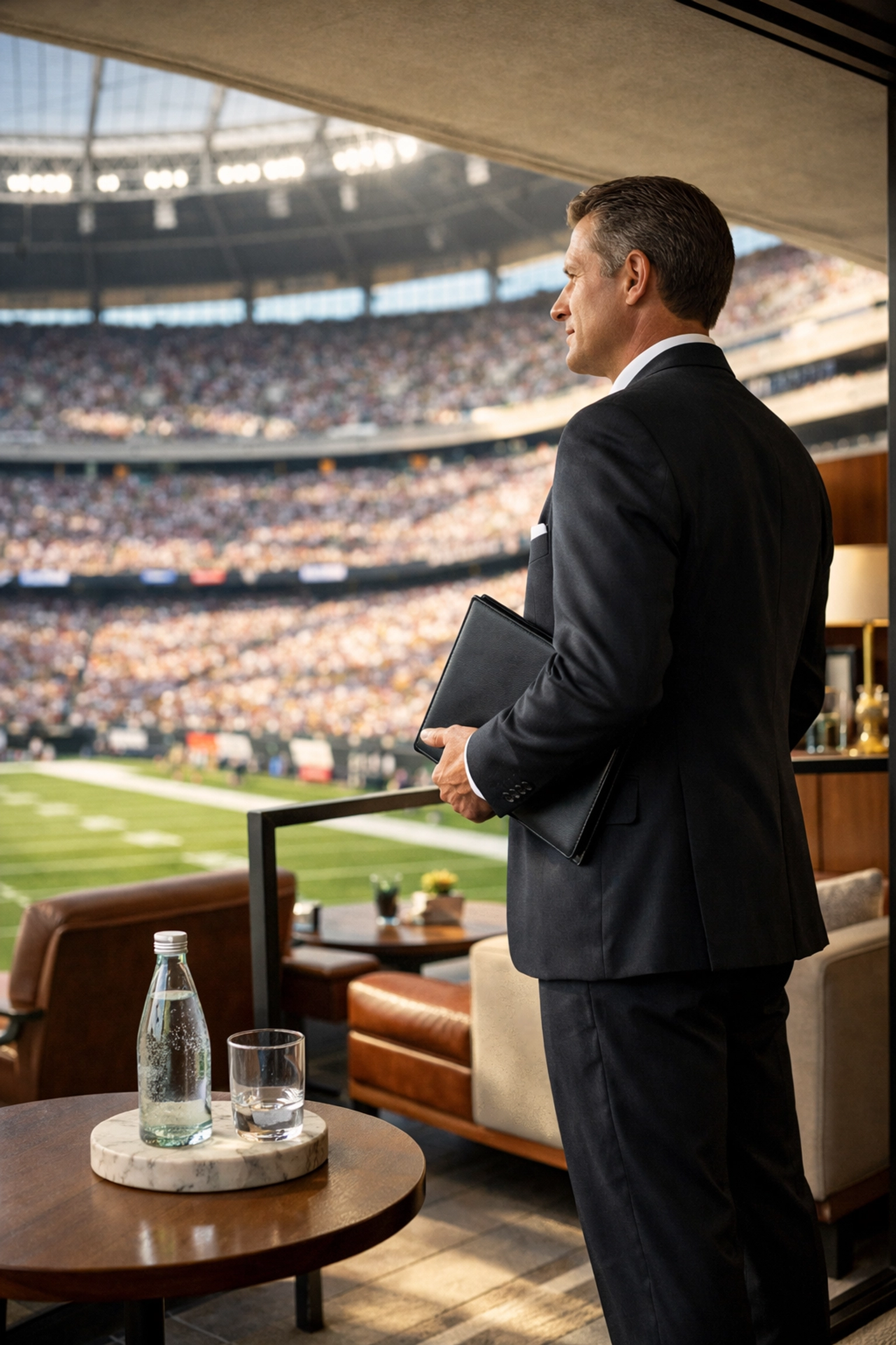 Professional concierge in a luxury stadium suite providing VIP hospitality for executive guests.