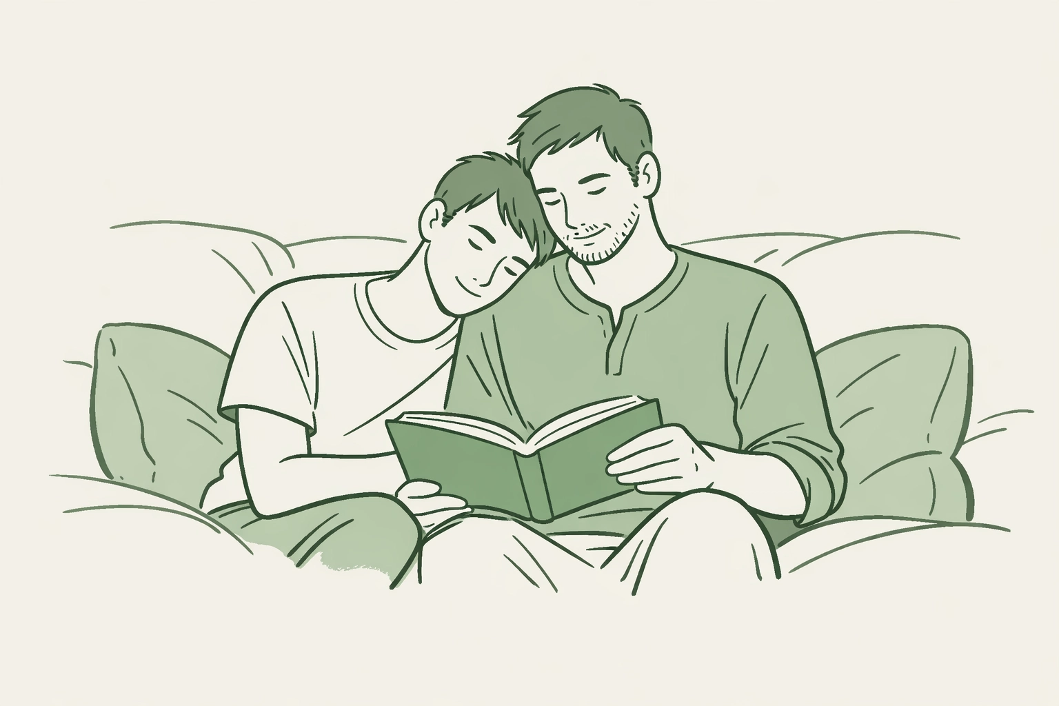 Two men reading a book on a sofa, reflecting emotional intimacy in demisexual MM romance stories.