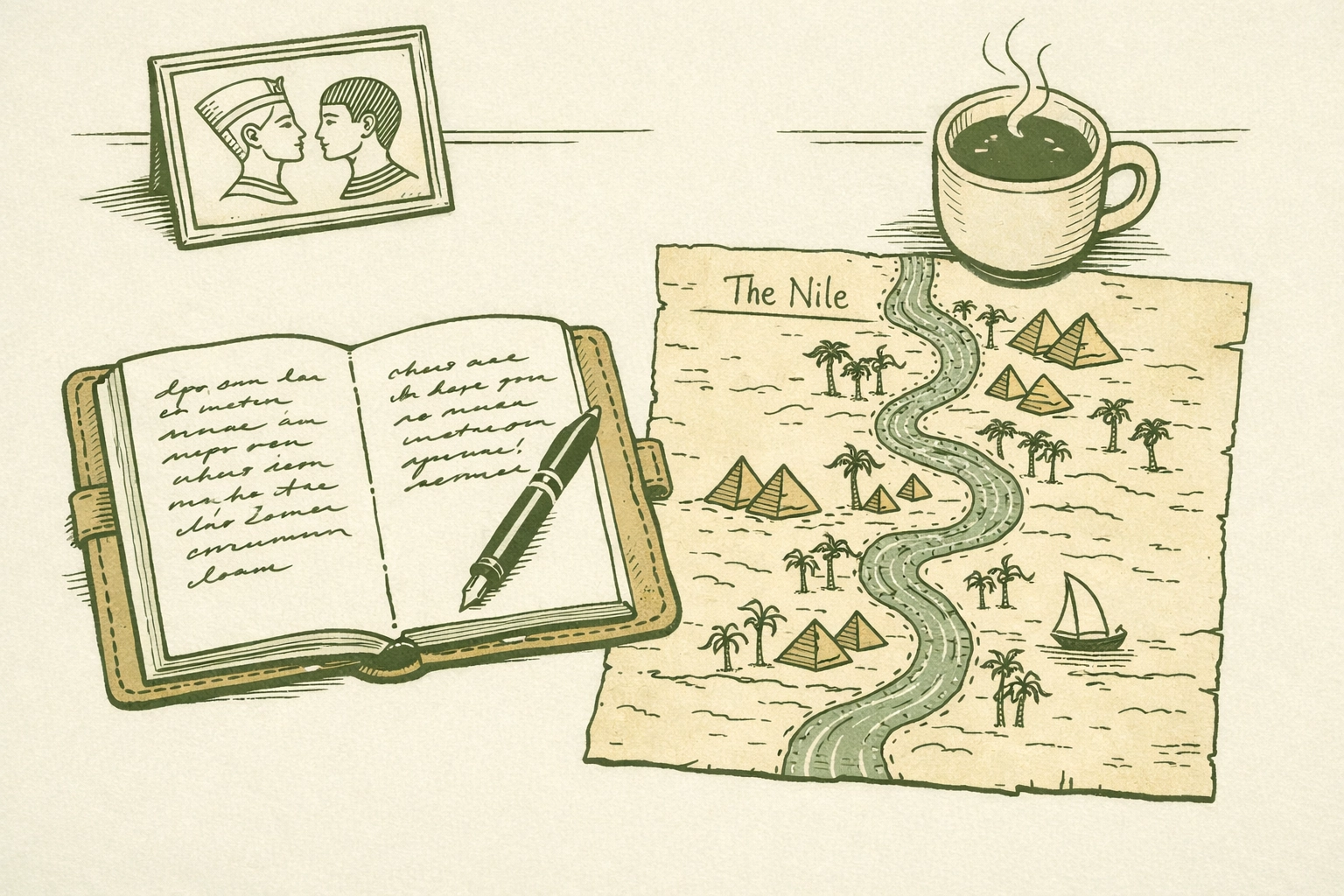 Writer's desk with Nile map and journal, showing inspiration for literary MM romance set in ancient Egypt