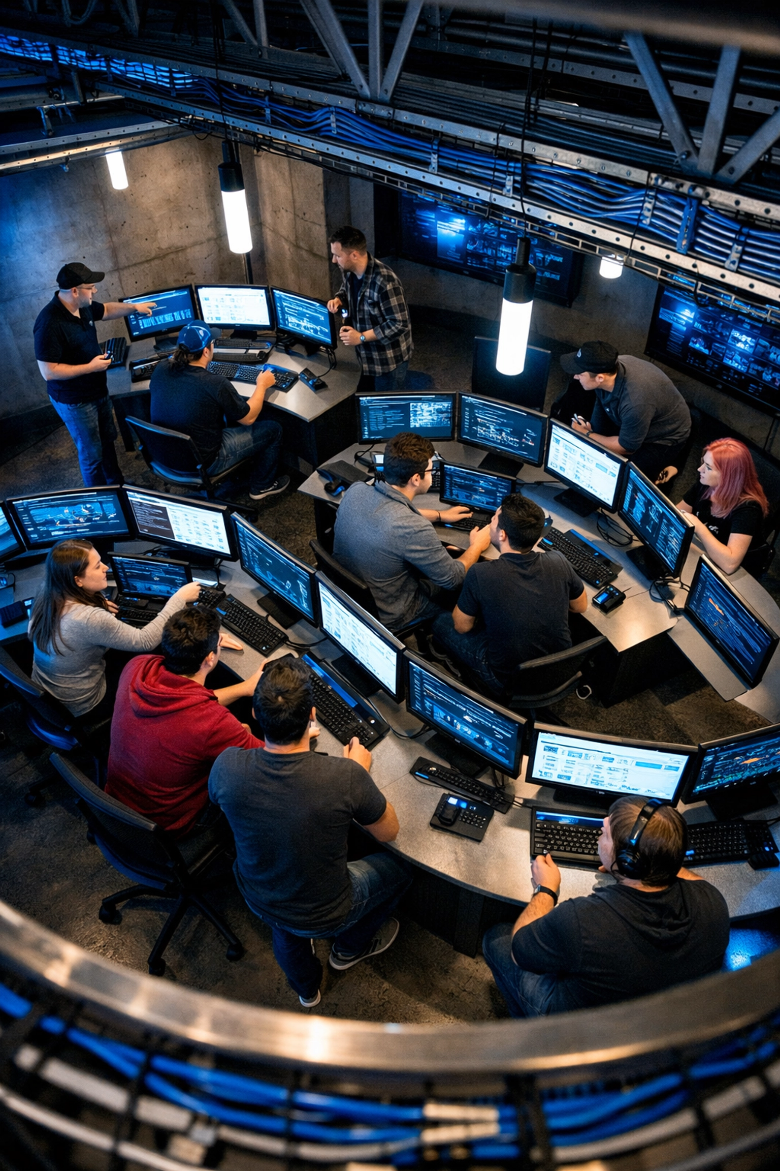 Cybersecurity training pod featuring curved workstations with dual monitors for hands-on learning