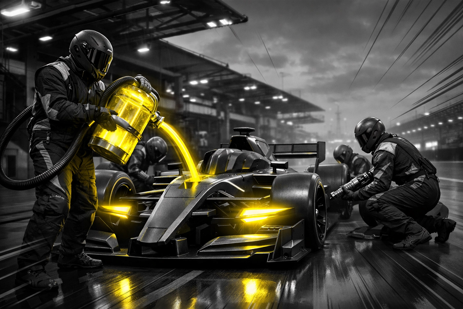 An Amazon advertising agency team refueling a race car to maintain ad campaign momentum during peak hours