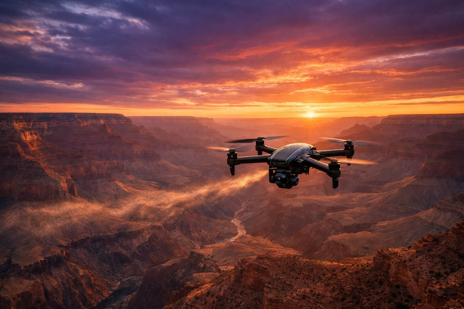 Dignified drone ashes scattering ceremony at sunset over the Grand Canyon for a peaceful and scenic memorial.