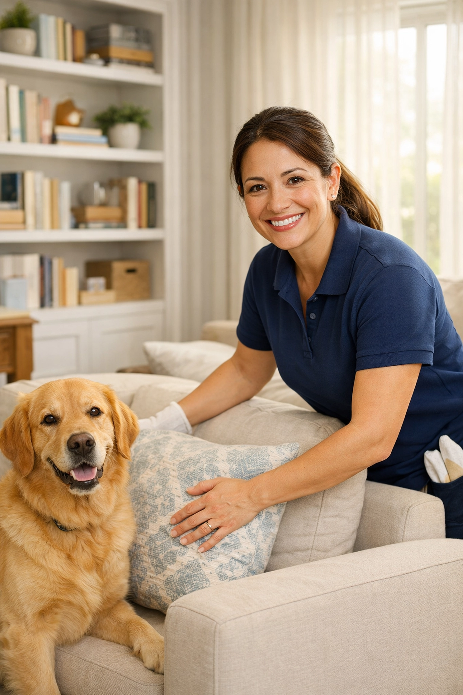 Professional house cleaner from a reliable Tampa maid service tidying a sun-lit living room.