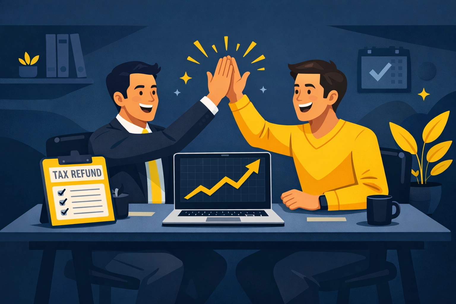 Tax preparation New Haven professional high-fiving a client over a successful tax refund outcome.