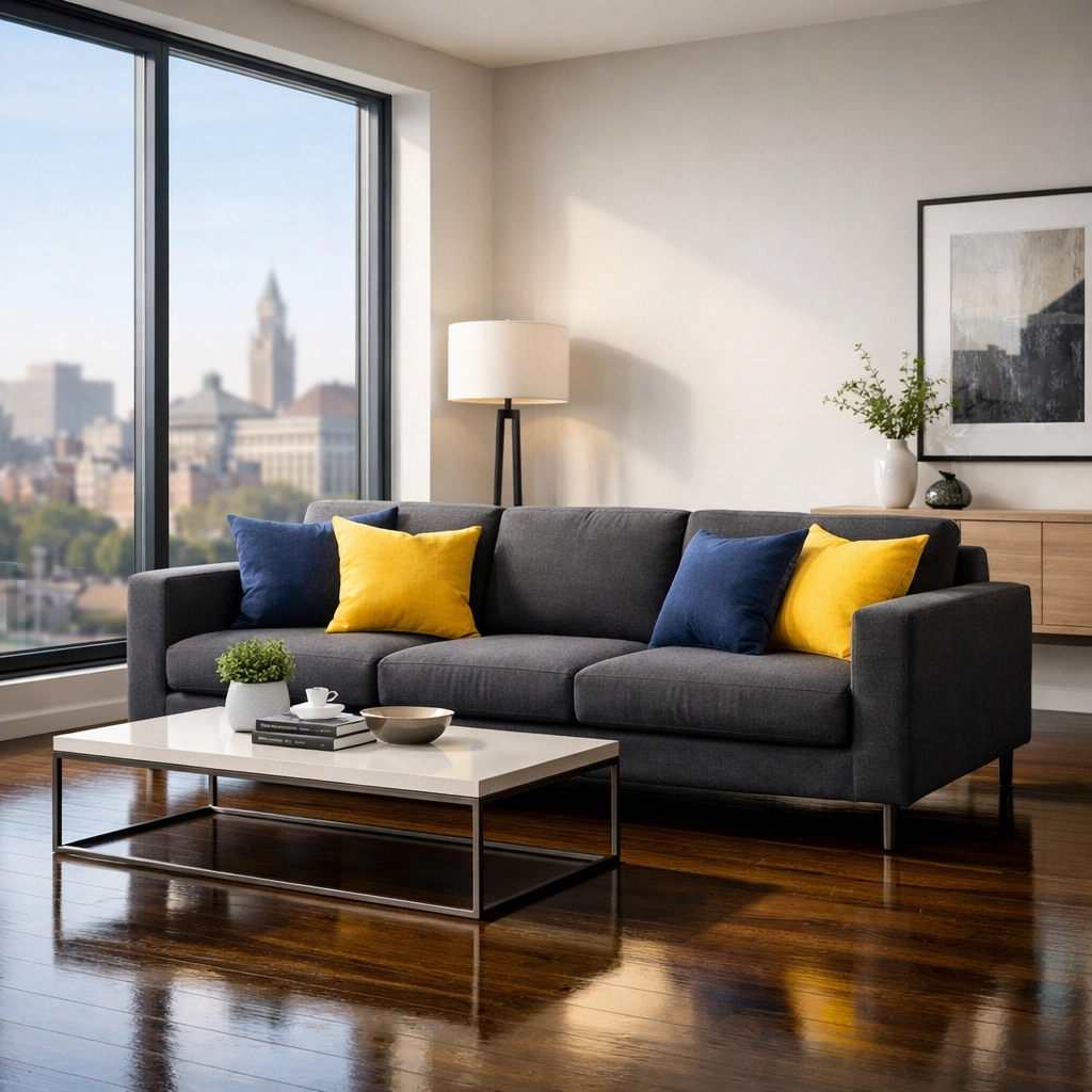 Clean modern Worcester apartment living room showcasing high standards of house cleaning Worcester MA.