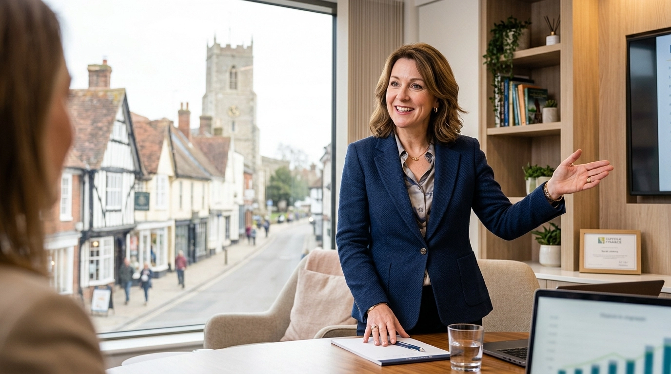 A friendly financial adviser in a bright office, talking to a client about their options.