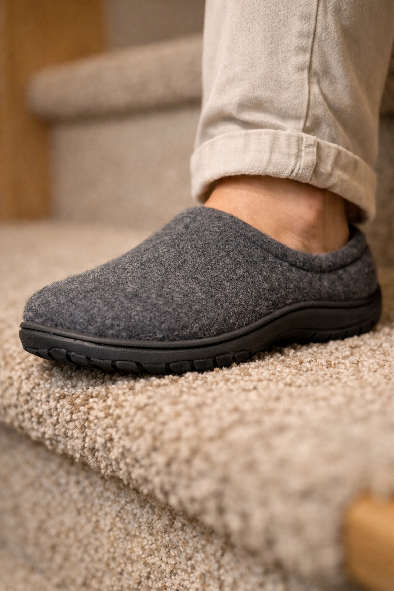 Person wearing supportive non-slip house shoes while stepping firmly on a carpeted stair tread for stability.