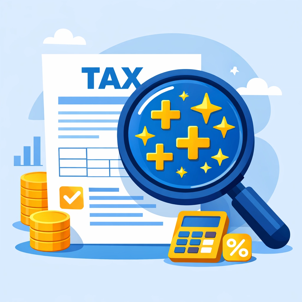 Magnifying glass revealing tax credits on a return to help maximize your tax refund this season.