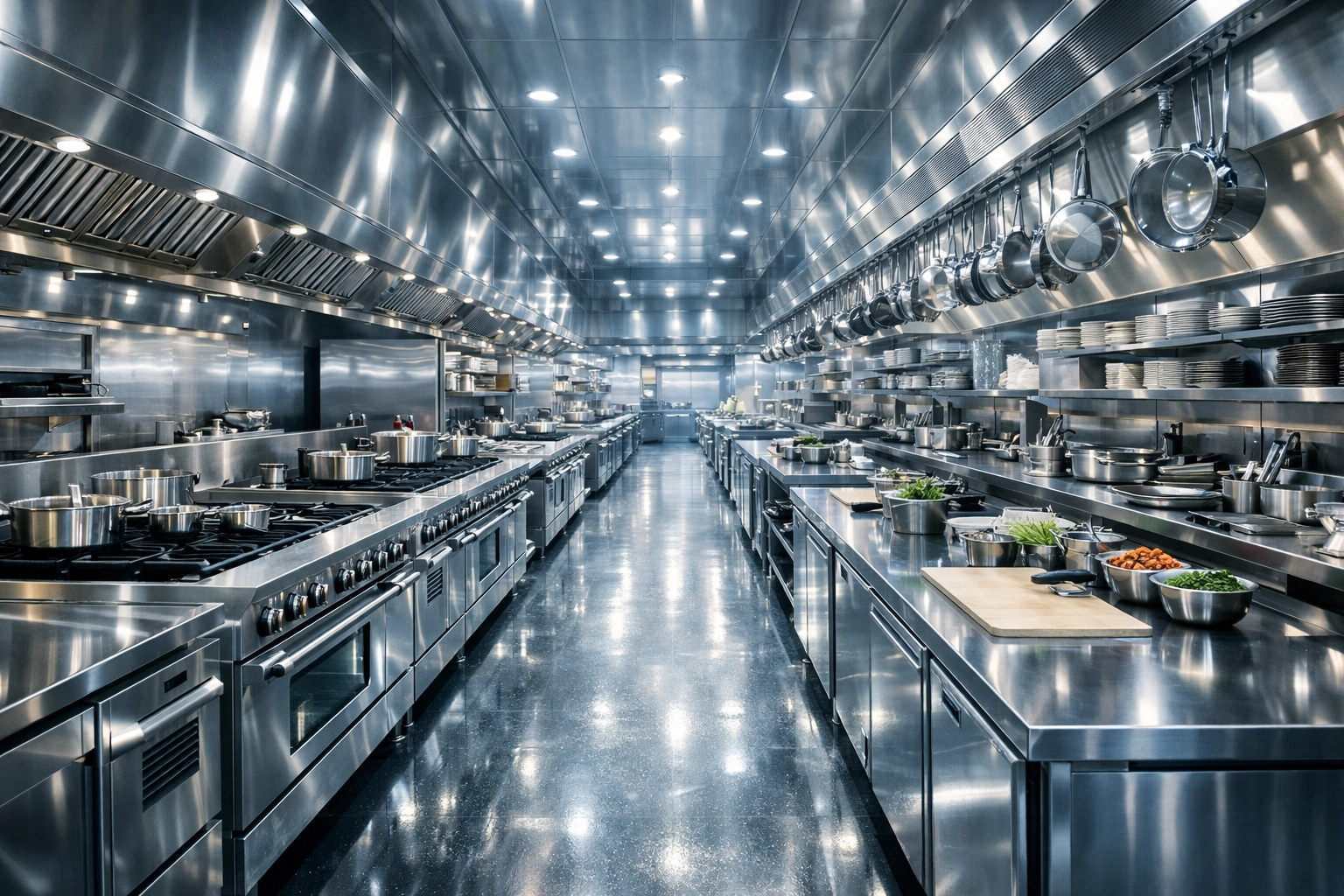Deep cleaned professional restaurant kitchen in Quincy featuring polished exhaust hoods and stoves.