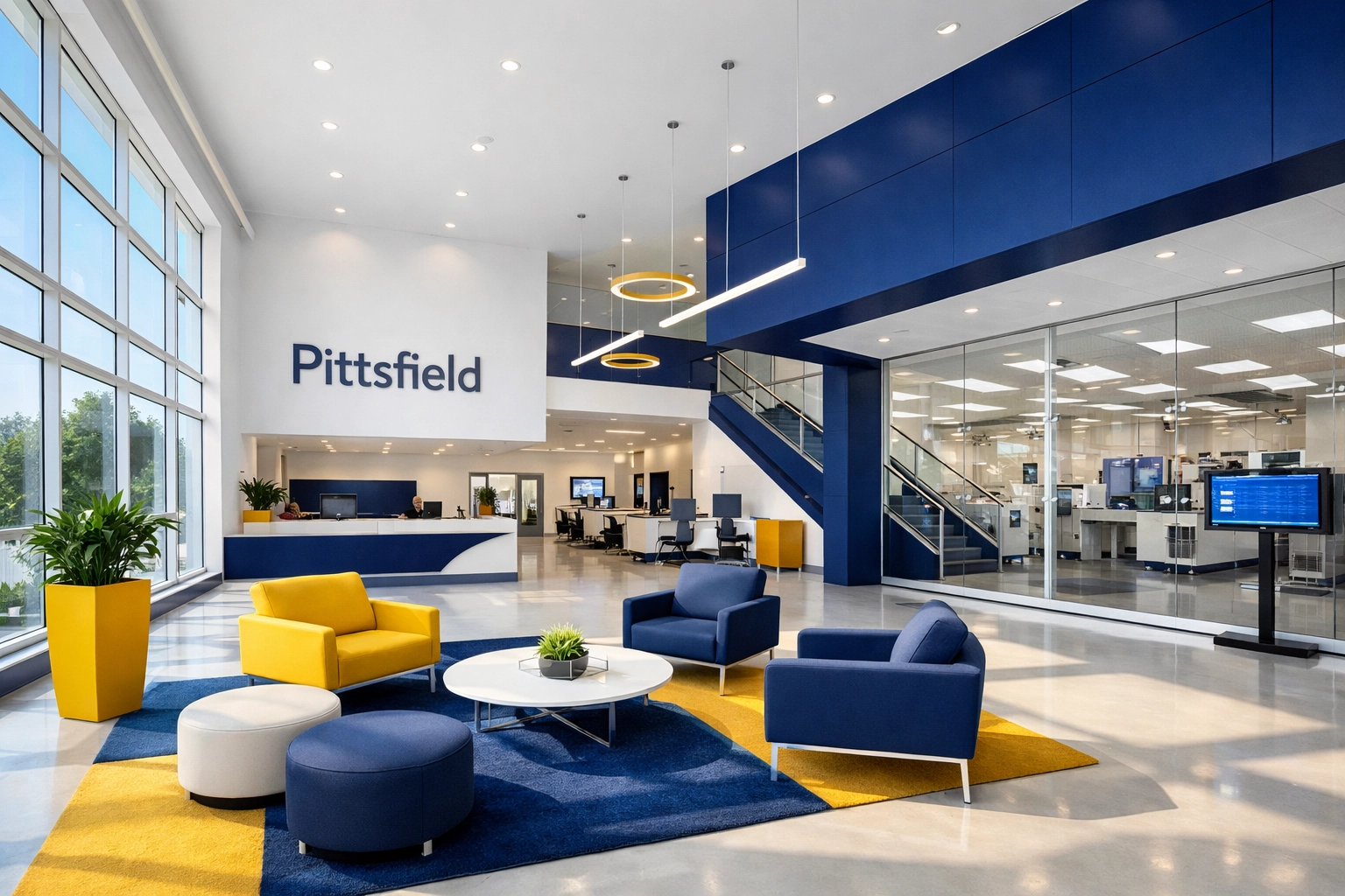 Pristine corporate lobby and workspace at a professional Pittsfield manufacturing facility.