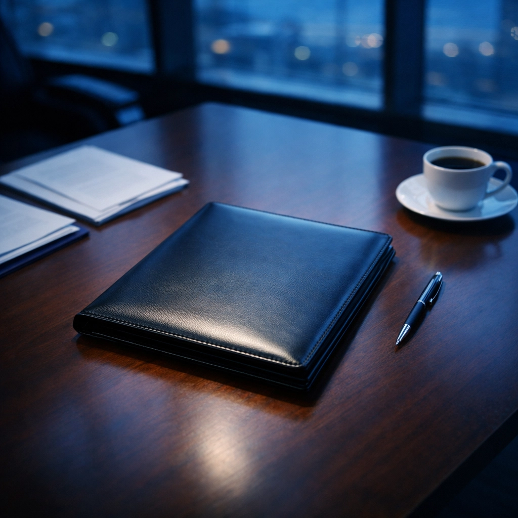 Executive desk with closed documents for confidential business sale planning