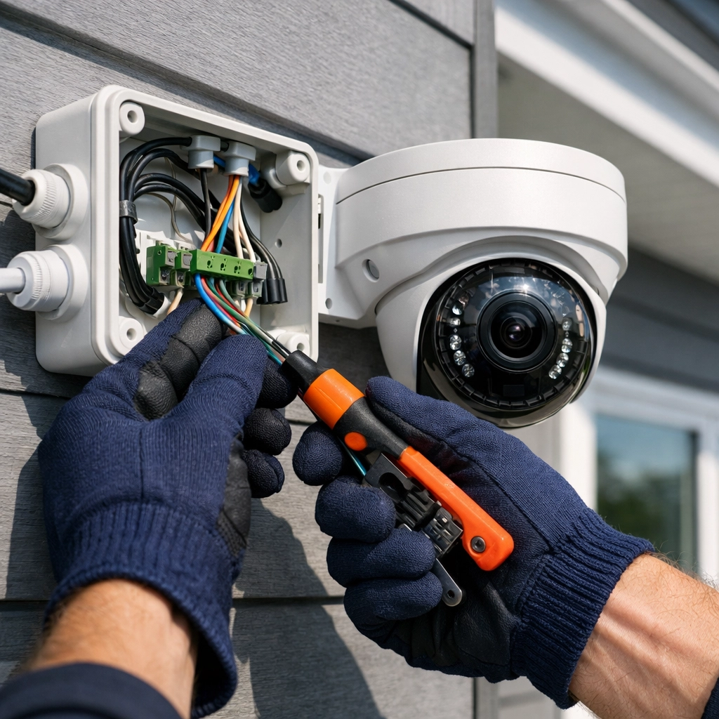 Professional installation of a high-end NVR IP security camera by an expert in a Southampton residential property.