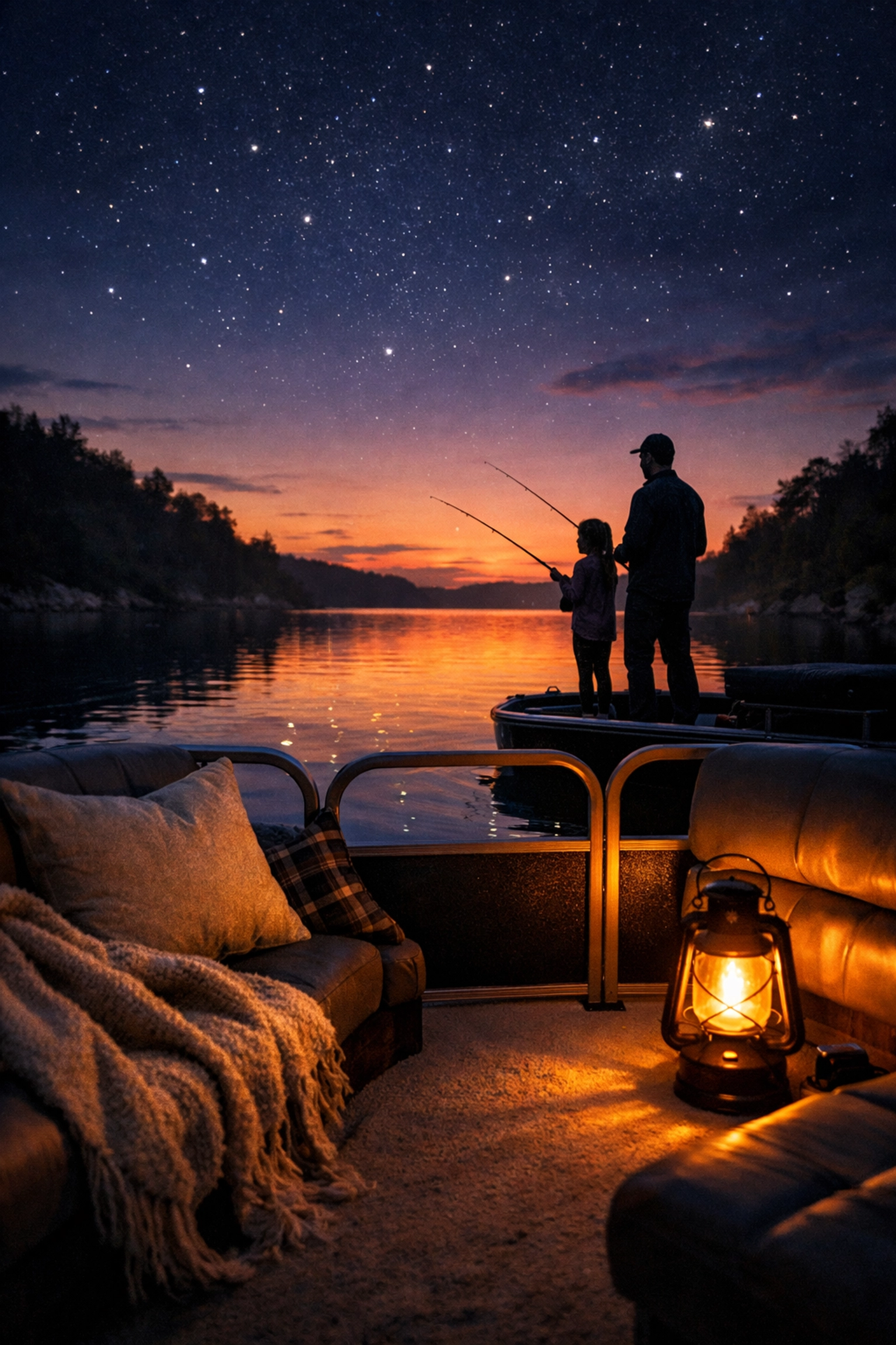 Father and daughter fishing from a cozy pontoon boat in a peaceful lake cove during twilight.