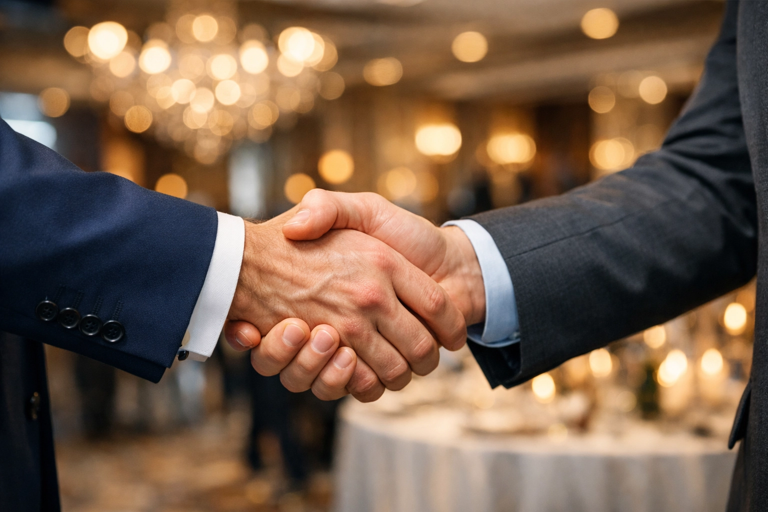 PRESS RELEASE: The Ultimate Guide to Super Bowl Corporate Hospitality: Everything You Need to Succeed in High-Stakes Networking Two business executives shaking hands at a high-end corporate event celebrating a new partnership.