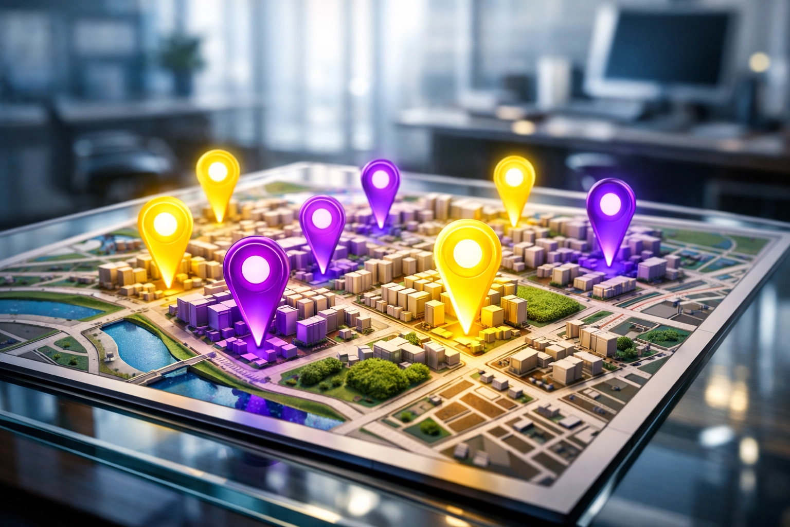 Local SEO keyword map showing target neighborhood markers for lead generation.