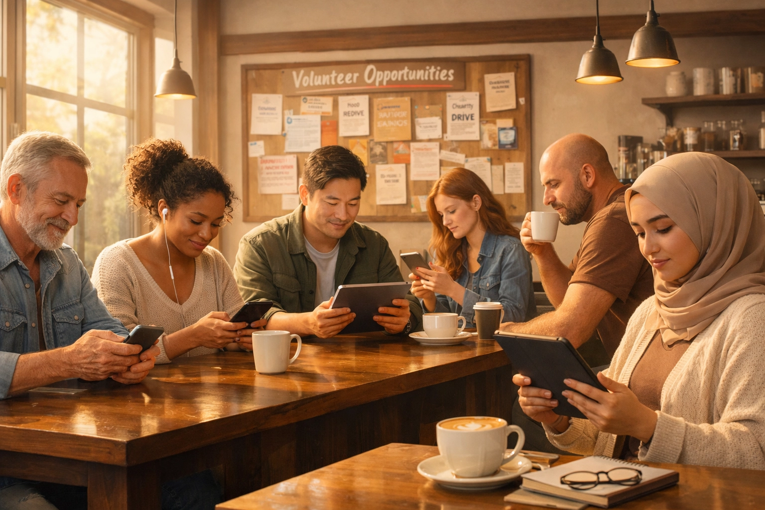 Christians reading peaceful news summaries together in coffee shop setting