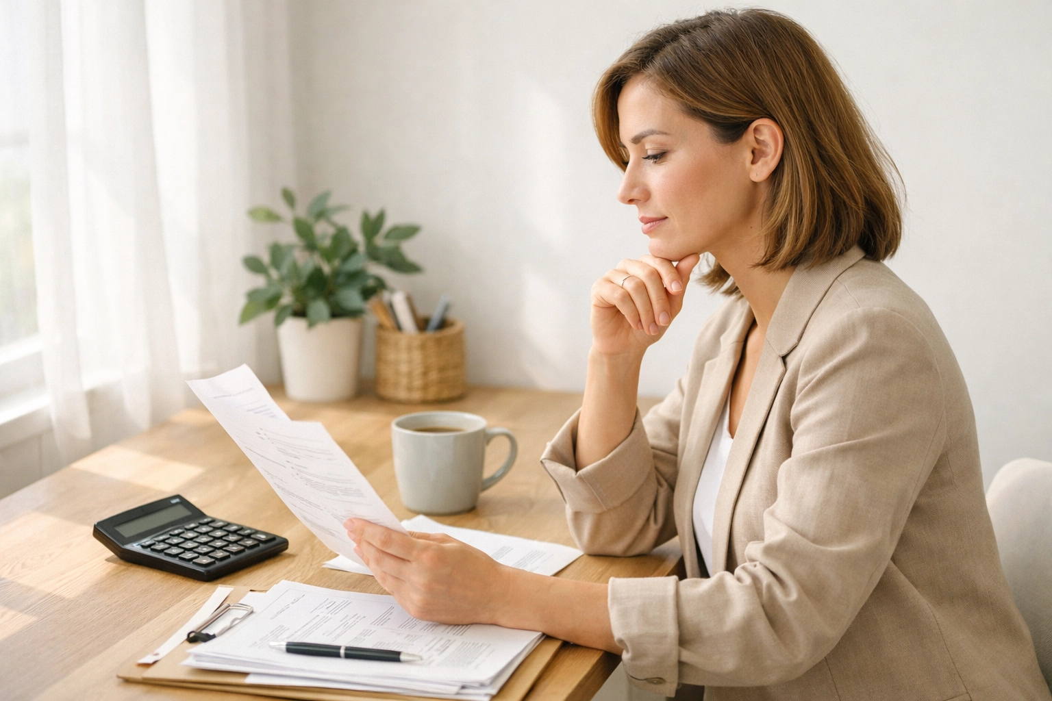 Woman reviewing life insurance and AD&D policy documents and benefits